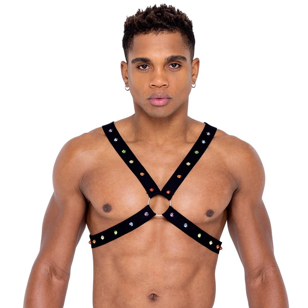 Rainbow Studded Harness with O Rings - Black